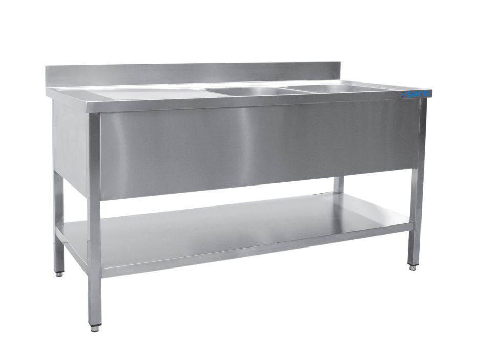 SARO RVS spoeltafel met 2 bakken, rechts - 600 mm diep, 1800 mm